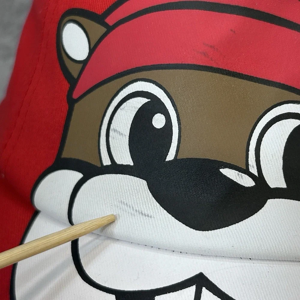 Buc-ee's Infant Beaver Face Ball Cap Red Elastic Back UPF 50+ Cotton